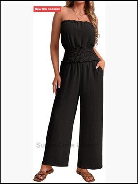 Women's 2 Piece Set Strapless Tube Top Wide Leg Pants Ruffle Vacation Outfit